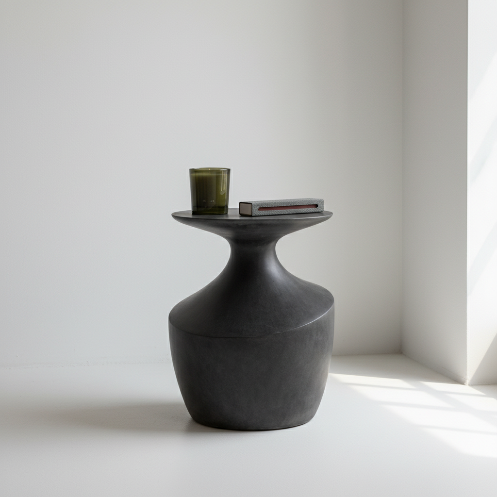 Dark gray ceramic vase with a candle and book on a white surface