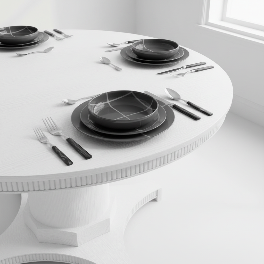 Round white table with black dinnerware set in a minimalistic room.