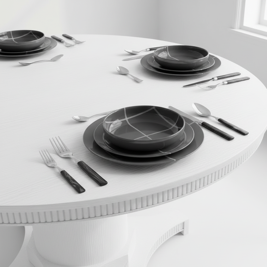 Round white table with black dinnerware set in a minimalistic room.