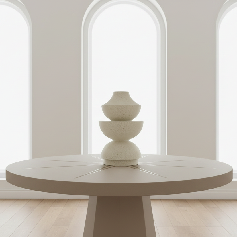 Round white table with a vase against a wall with arched windows