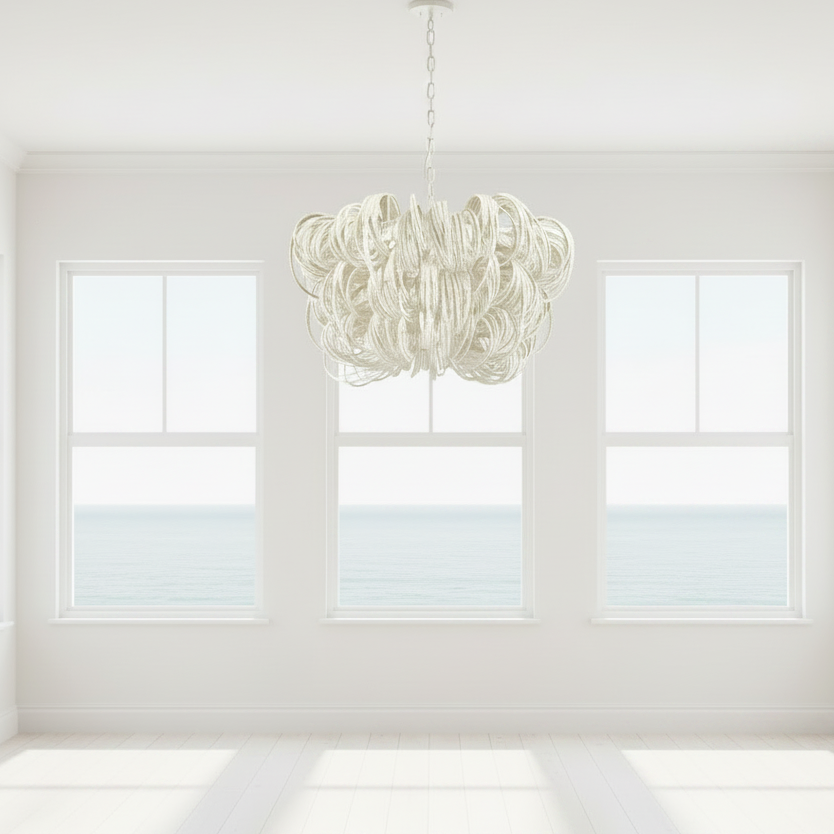 Modern chandelier hanging in a bright room with large windows.