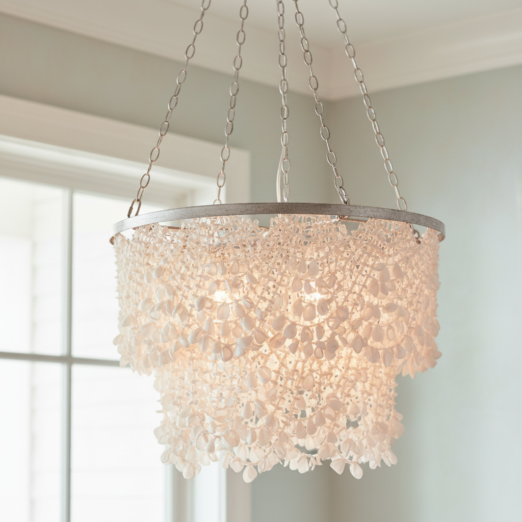 Chandelier with bead-like design hanging in a room with a window.
