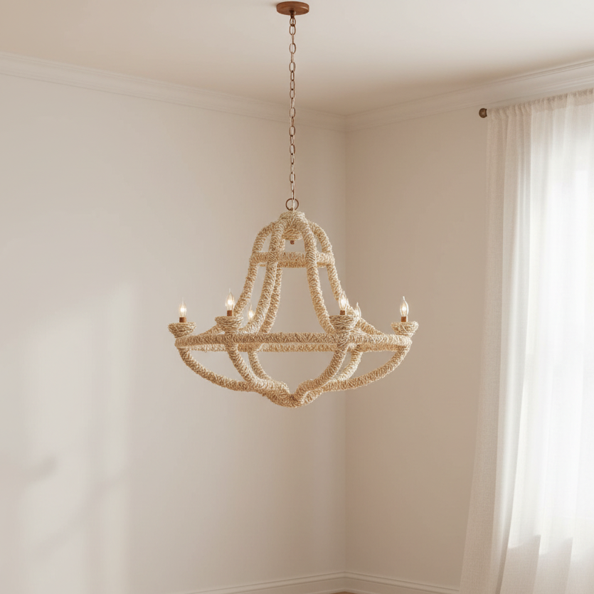 Chandelier hanging in a room with a window and white curtains