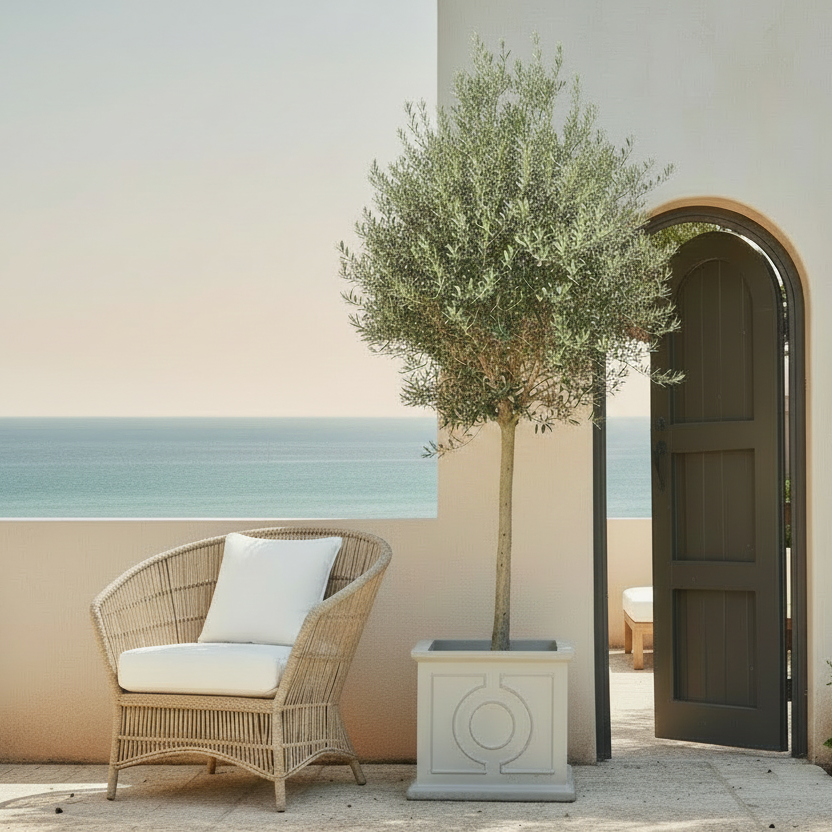A styled outdoor patio scene with a beige wicker armchair, white cushion, a potted olive tree in a square planter, and an open dark brown arched door set in a cream stucco building overlooking the sea.