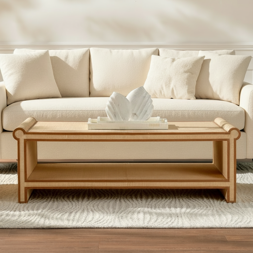 Beige sofa with a wooden coffee table and decorative items in a living room setting.