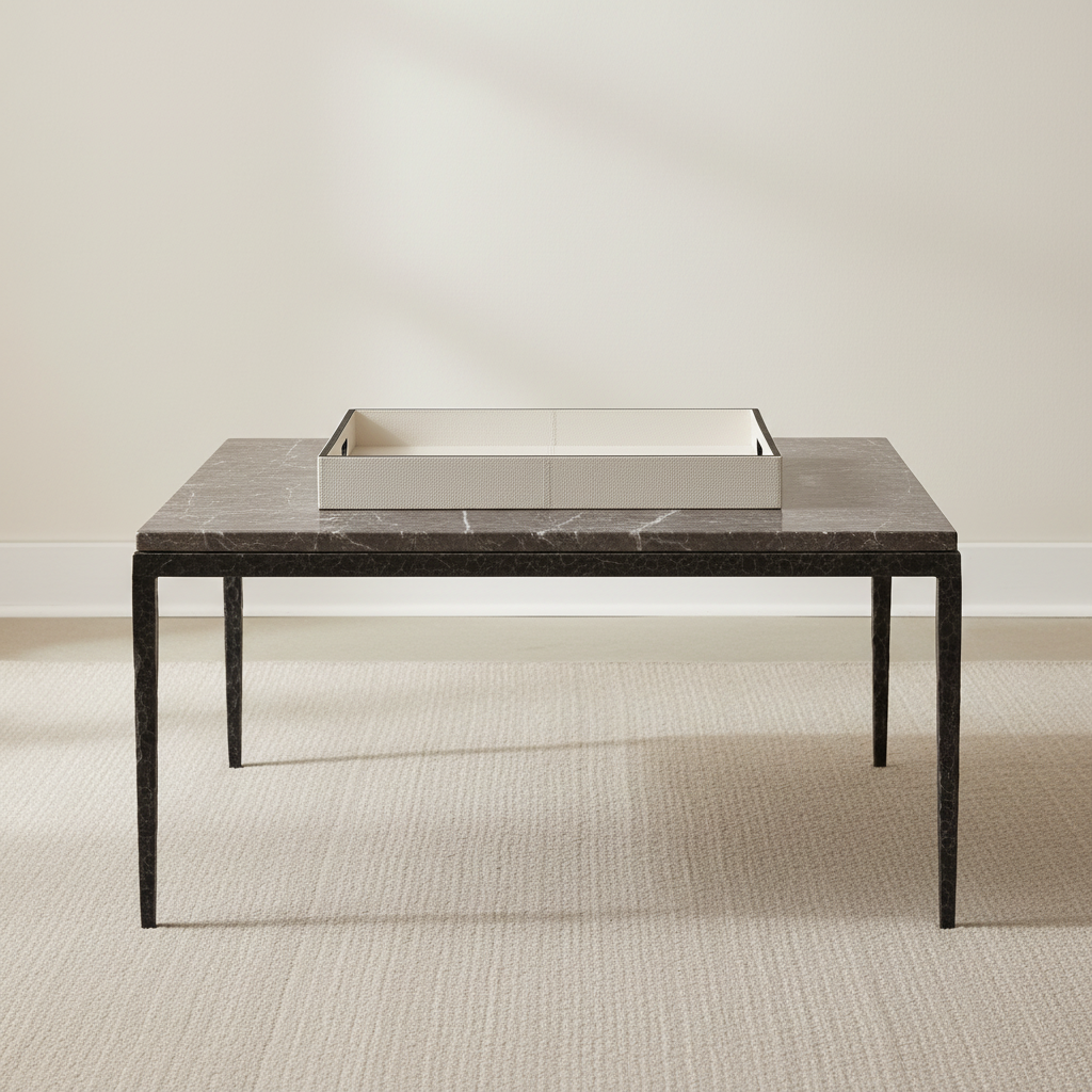Modern coffee table with marble top and metal frame on a neutral background