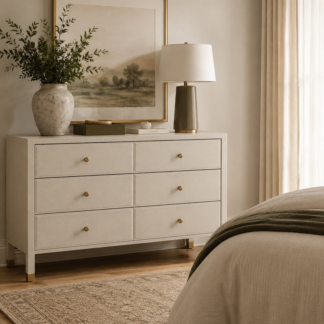 A white six-drawer dresser in a beautifully styled bedroom, featuring small gold knobs, a lamp, a vase with greenery, and a framed landscape print. The bed with beige linens and a dark green throw blanket is visible on the right, with soft window light and curtains in the background.