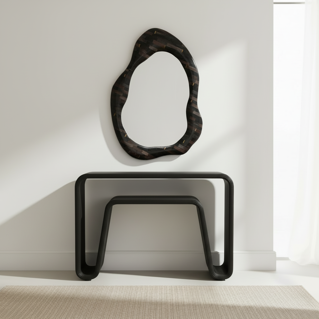 Modern black console table with unique mirror above it against a white wall.