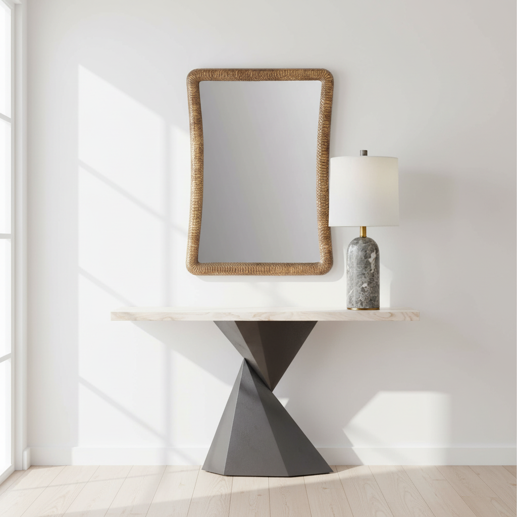Modern console table with mirror and lamp in a bright room