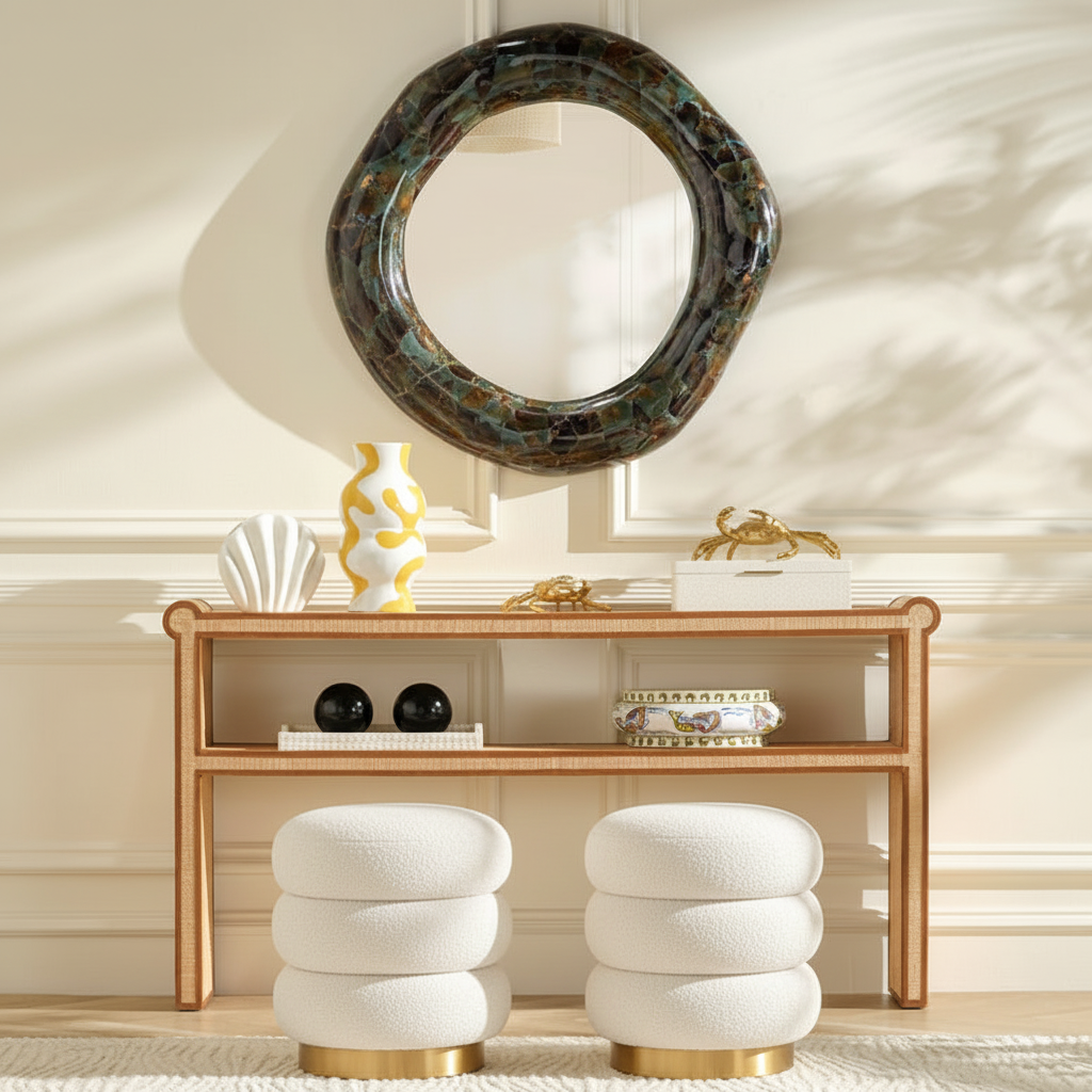 Decorative console table with round mirror and white stools in a room setting