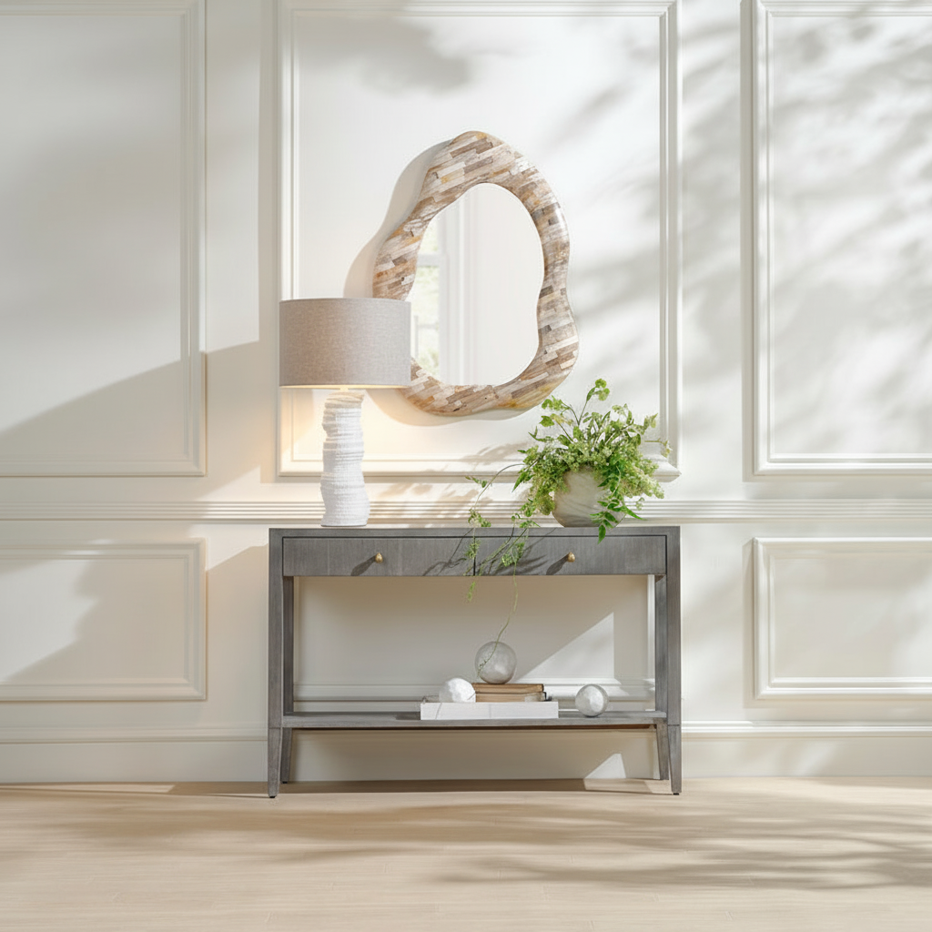 Console table with decorative items against a wall with wainscoting