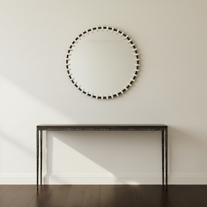 Round mirror with decorative border on a white wall above a dark wooden console table.