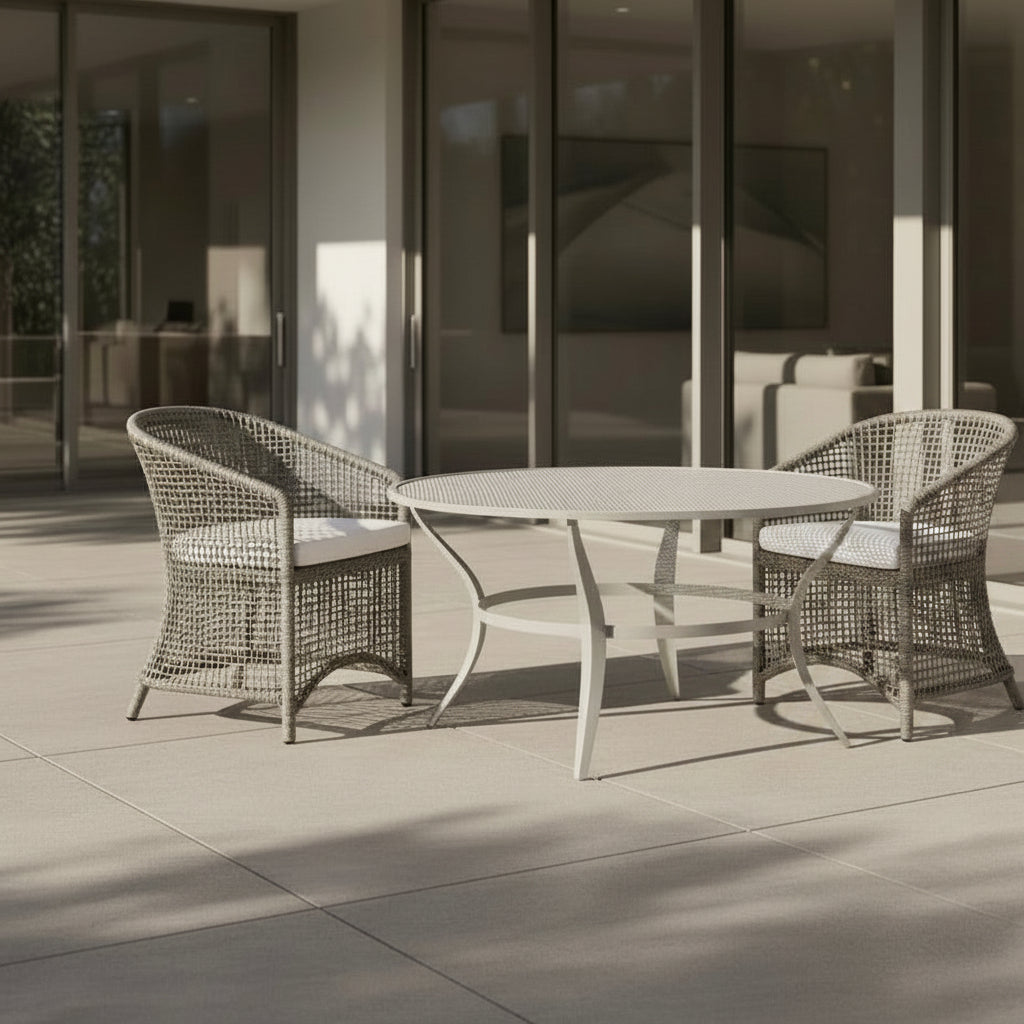 Outdoor patio set with wicker chairs and table on a tiled patio.