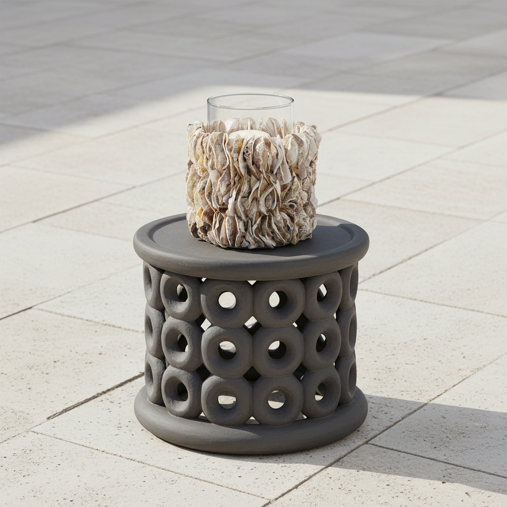 Decorative side table with a textured candle holder on a tiled floor