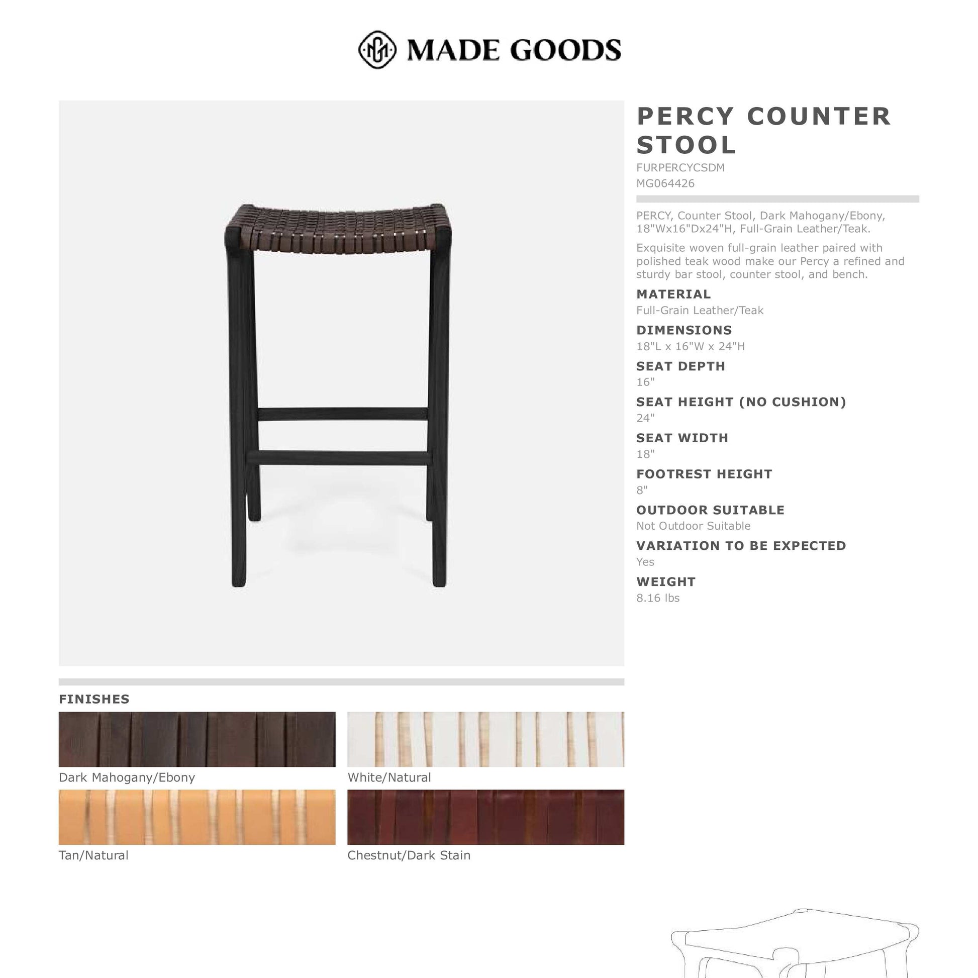 Product information card for Made Goods Percy Counter Stool with stool image, color options, and dimensions.