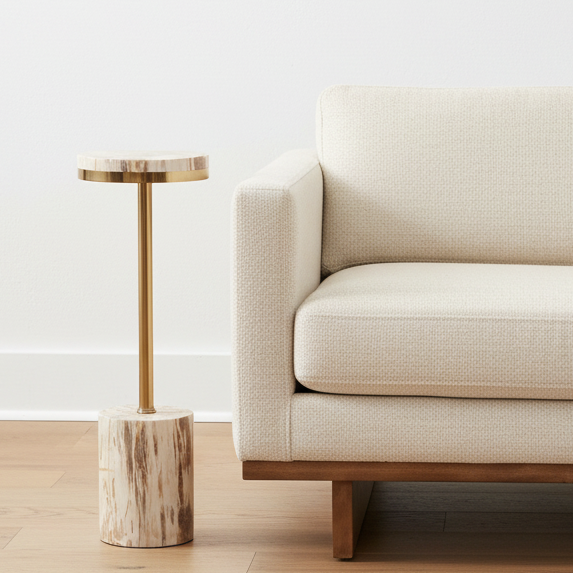 Beige sofa with a wooden side table in a minimalistic room.