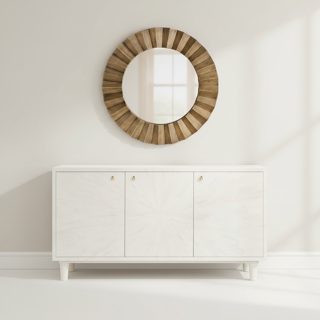 Round wooden mirror with sunburst design above a white cabinet against a white wall.