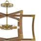 Modern chandelier with wooden frame and brass accents on a white background