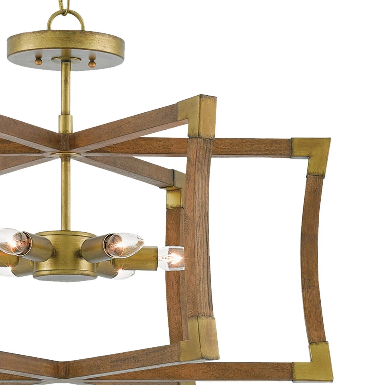 Modern chandelier with wooden frame and brass accents on a white background
