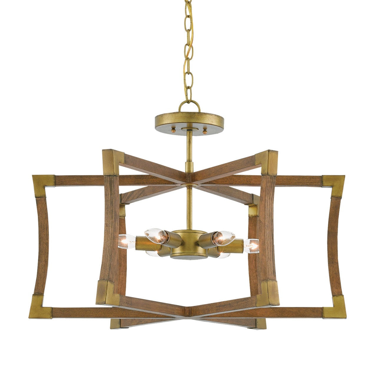 Wooden chandelier with brass accents on a white background