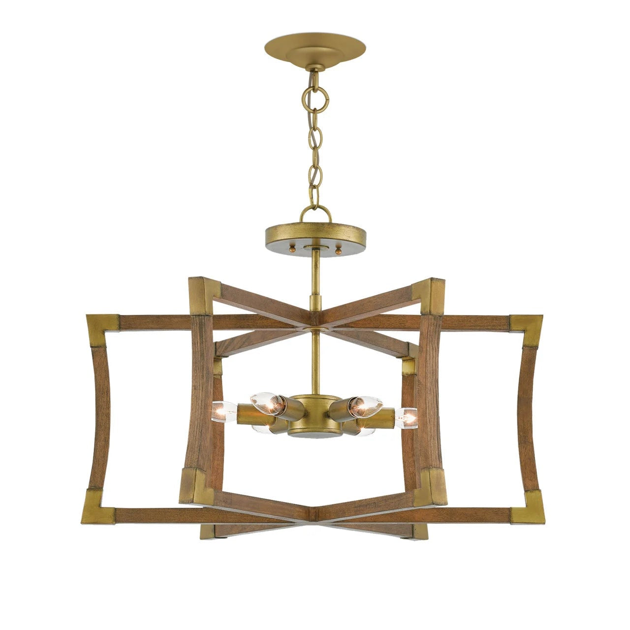 Gold and wood chandelier on a white background