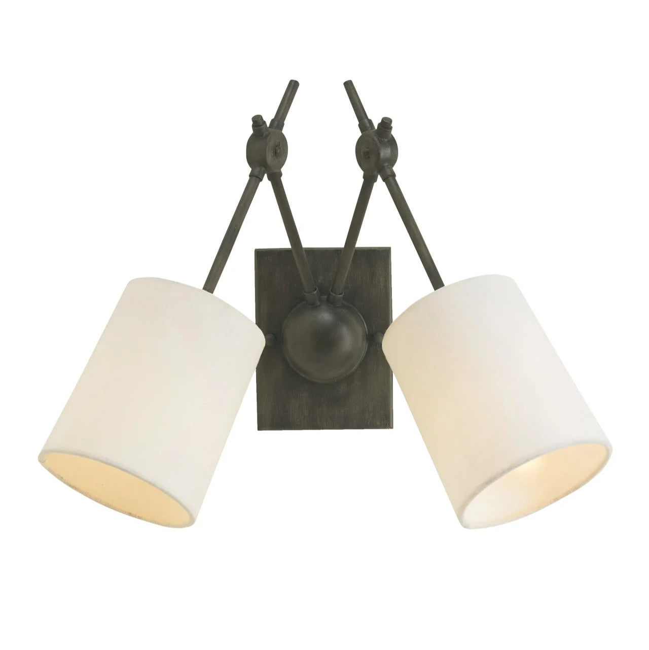 Wall-mounted light fixture with two white lampshades on a white background