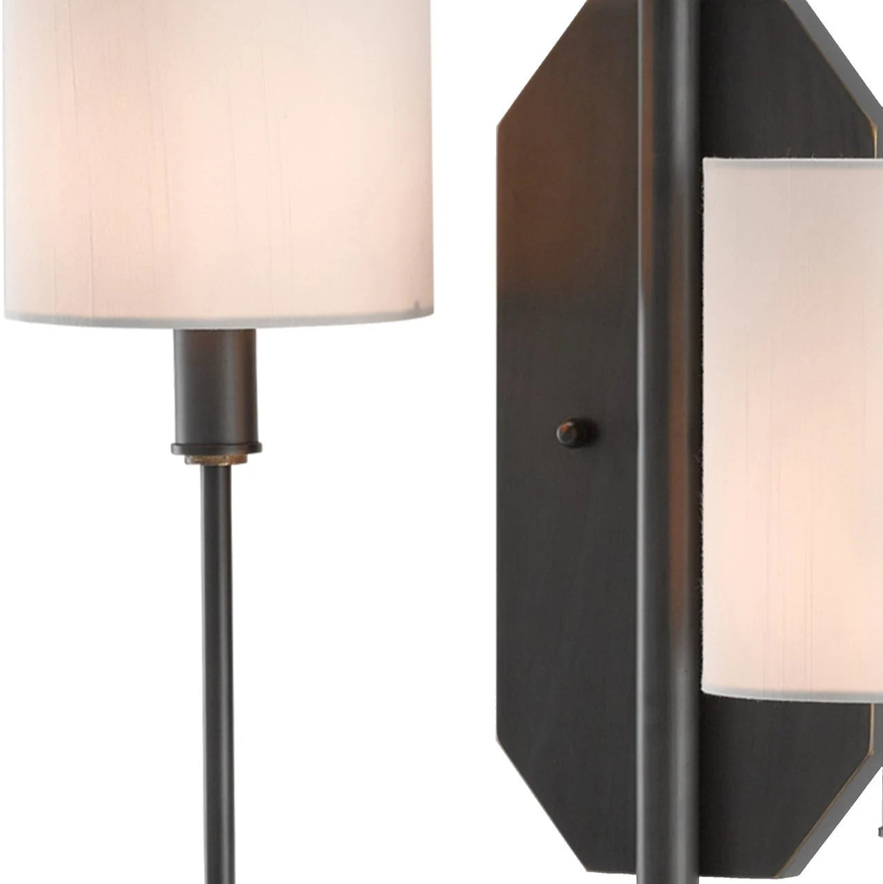 Wall-mounted light fixture with black metal frame and white lampshades on a white background