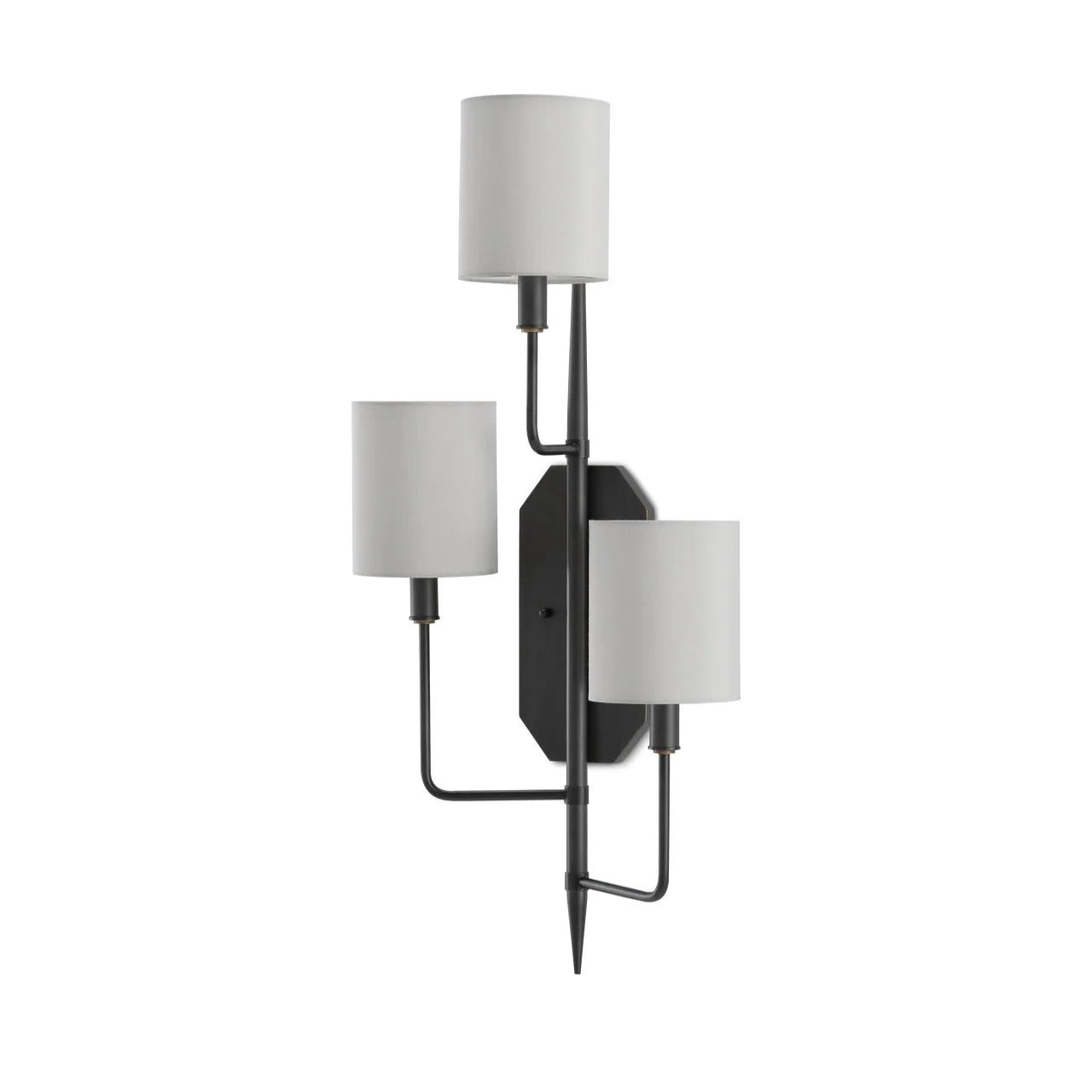 Modern wall sconce with three white lampshades on a white background