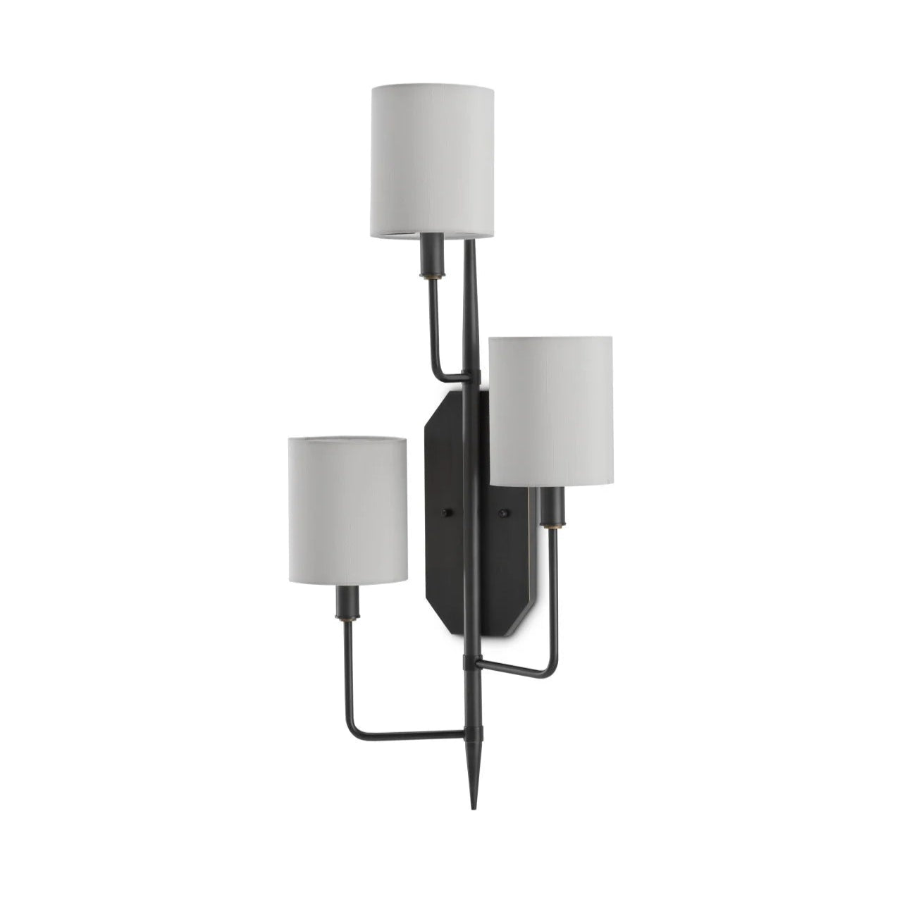 Wall-mounted light fixture with three white lampshades on a white background