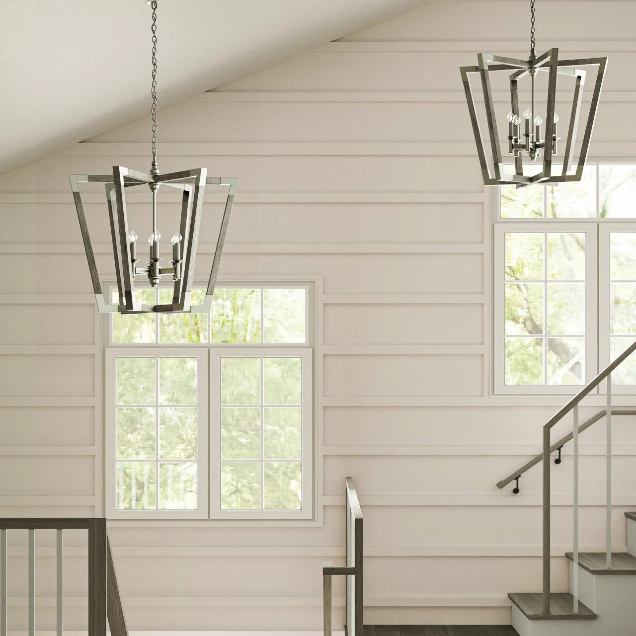 Modern interior with two hanging light fixtures in a home setting.