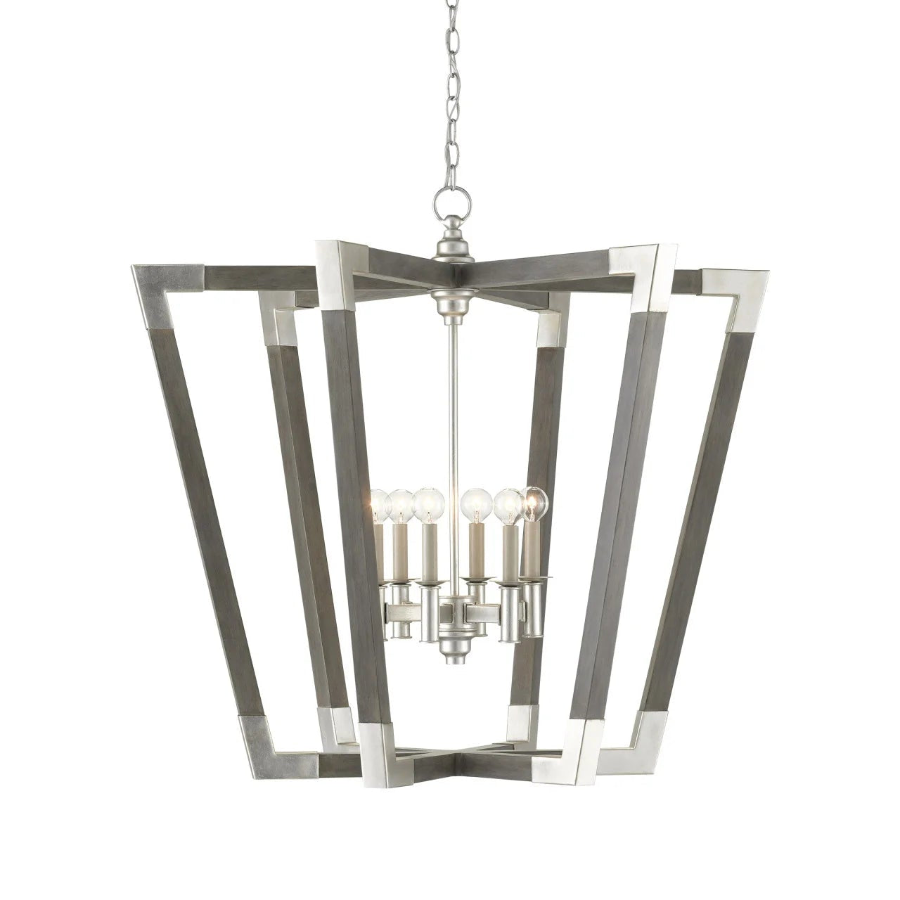 Decorative hanging light fixture with metallic frame on a white background