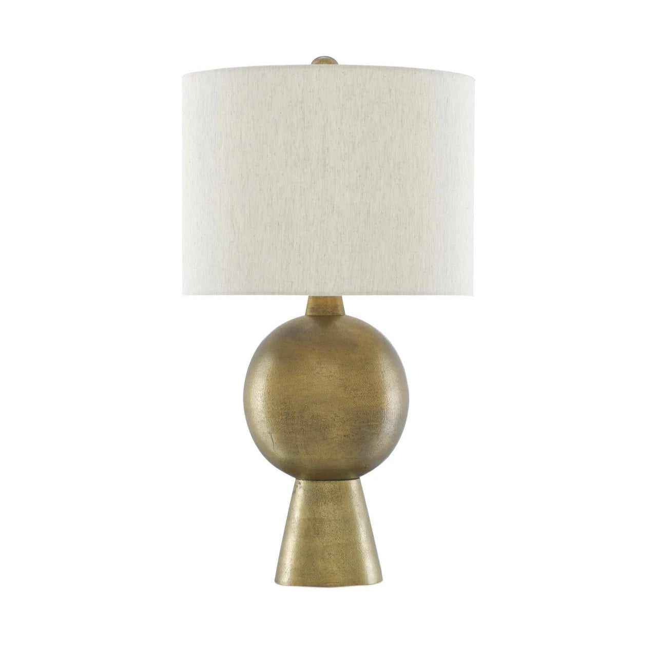 Table lamp with a gold base and white shade on a white background