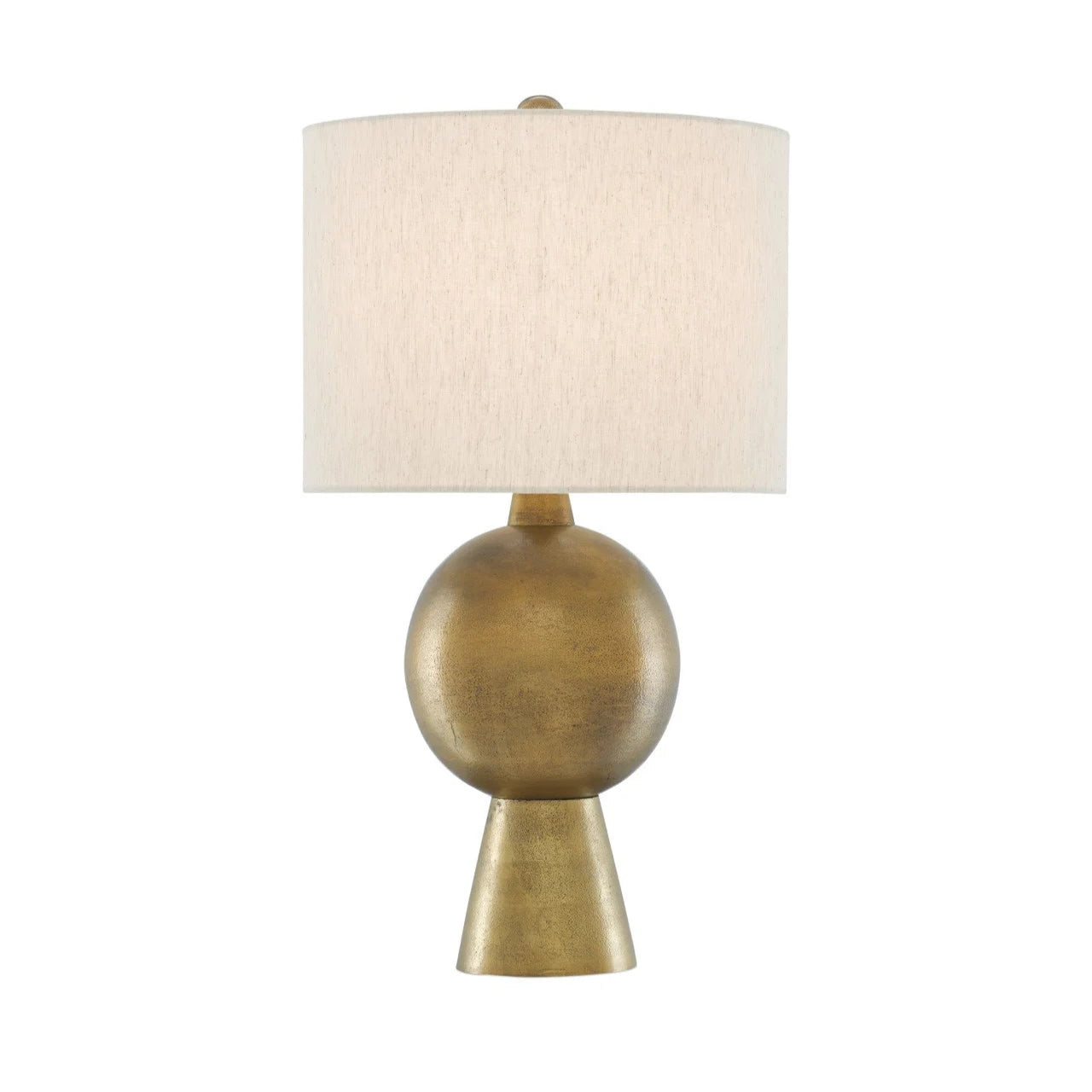 Table lamp with a gold base and white shade on a white background