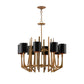 Chandelier with black lampshades and wooden design on a white background