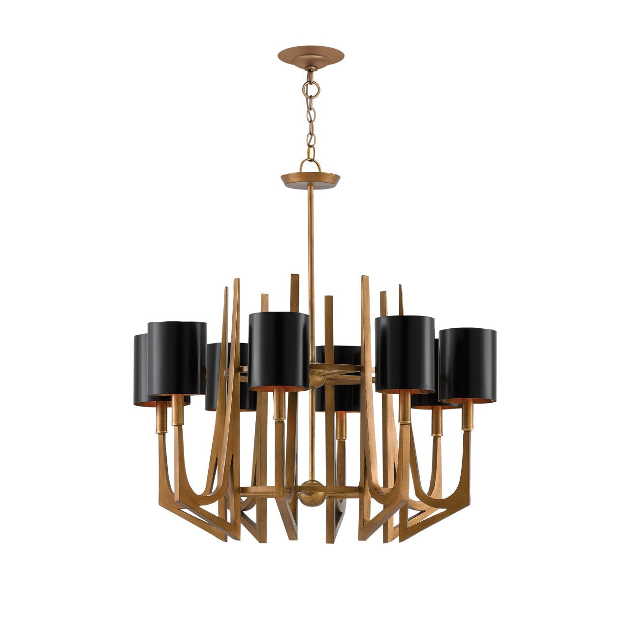 Chandelier with black lampshades and wooden design on a white background