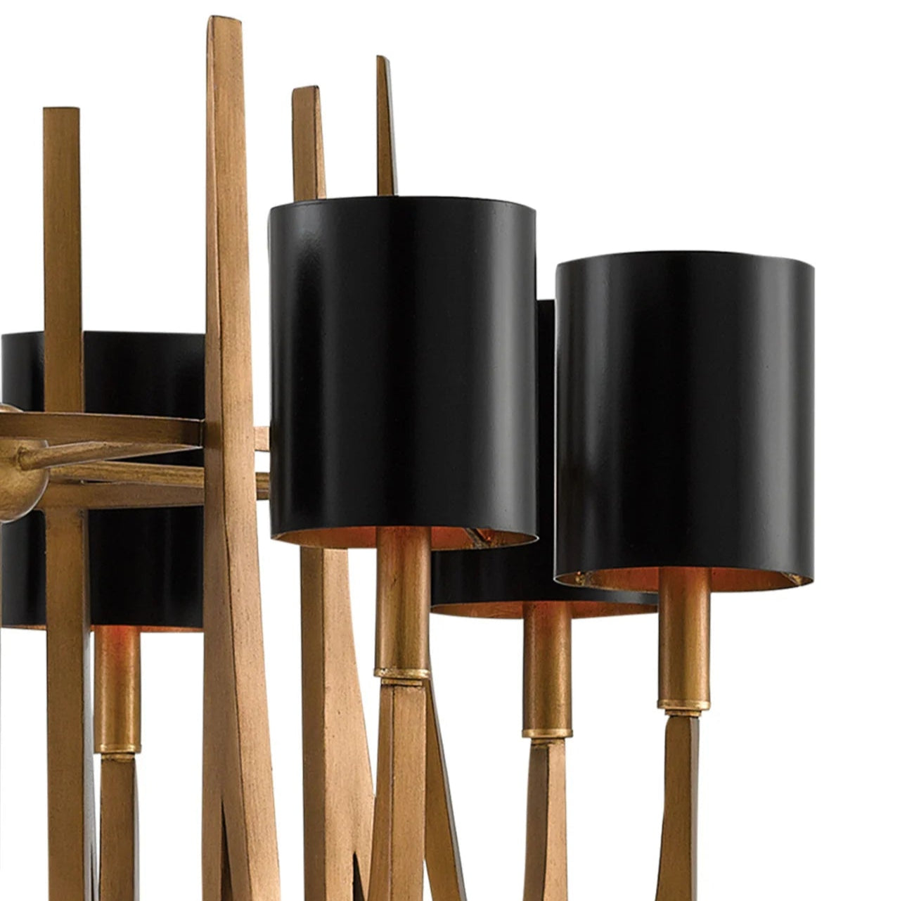 Modern chandelier with black lampshades and gold metal arms on a white background