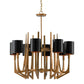Modern chandelier with wooden frame and black lampshades on a white background