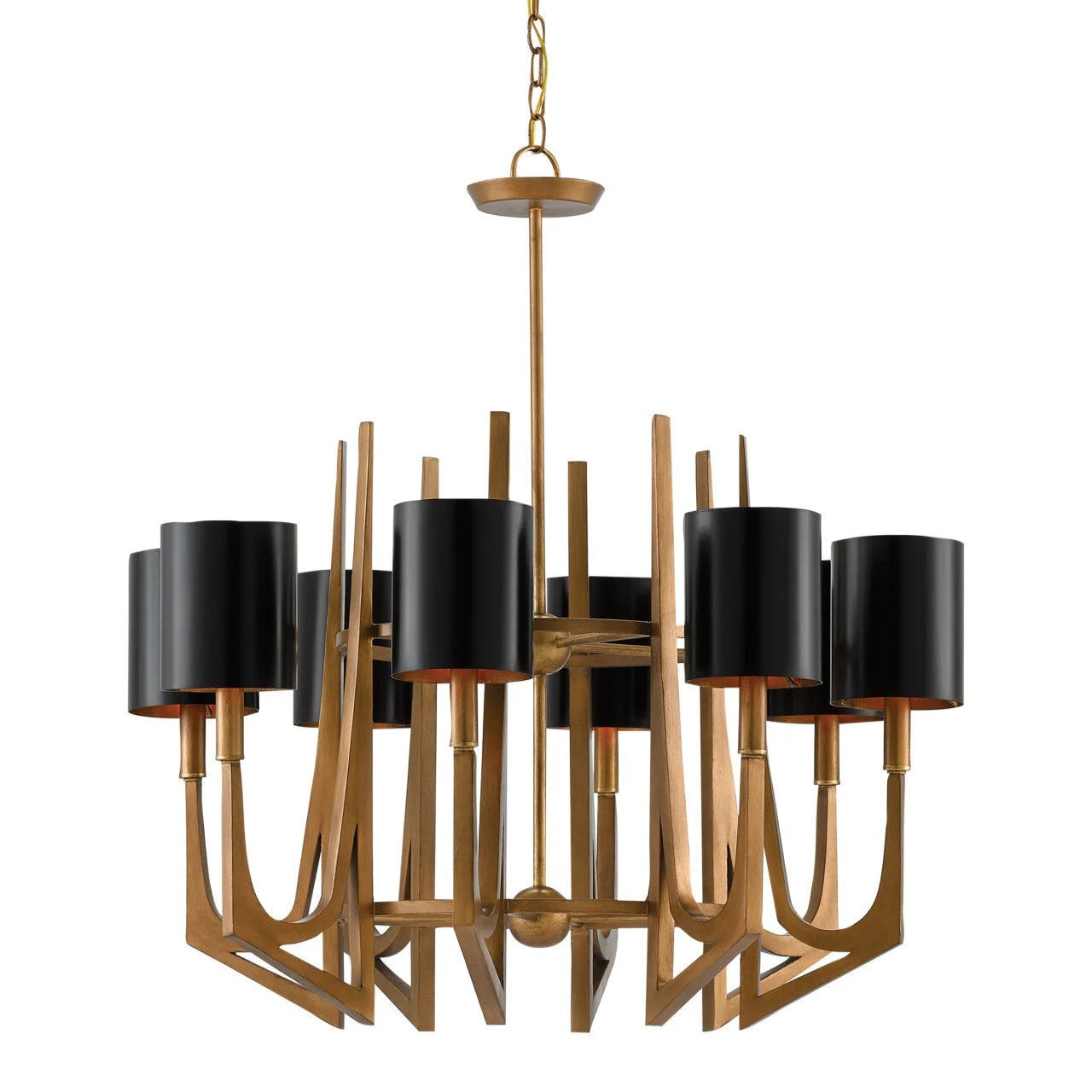 Modern chandelier with wooden frame and black lampshades on a white background