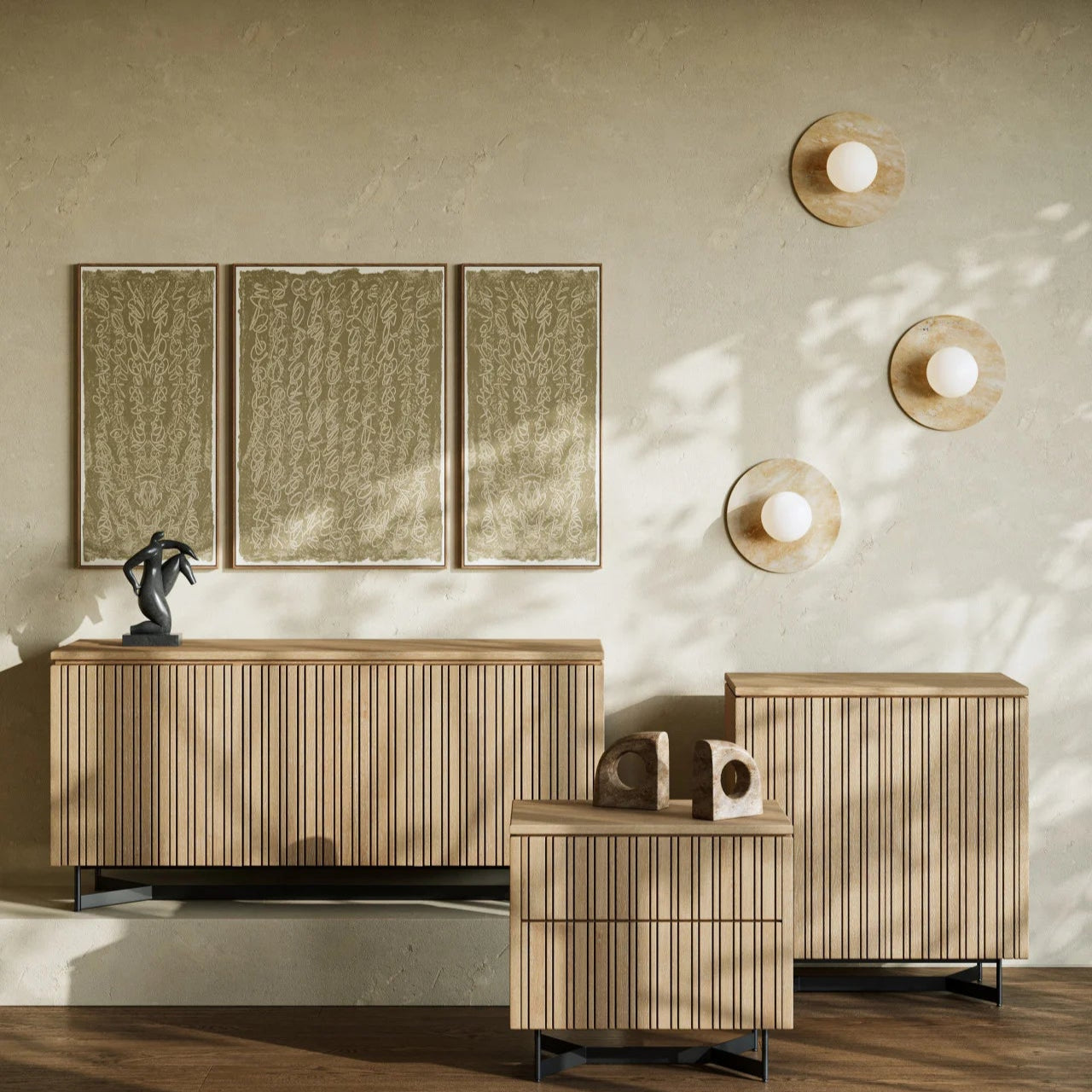 Wooden furniture pieces in a room with light-colored walls and decorative lights.