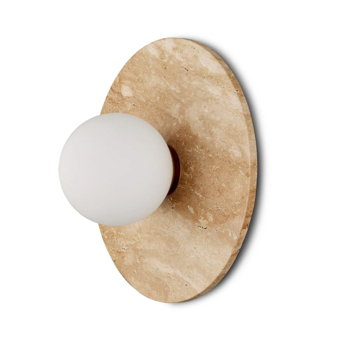 Decorative wall sconce with beige circular plate and white spherical bulb on a white background