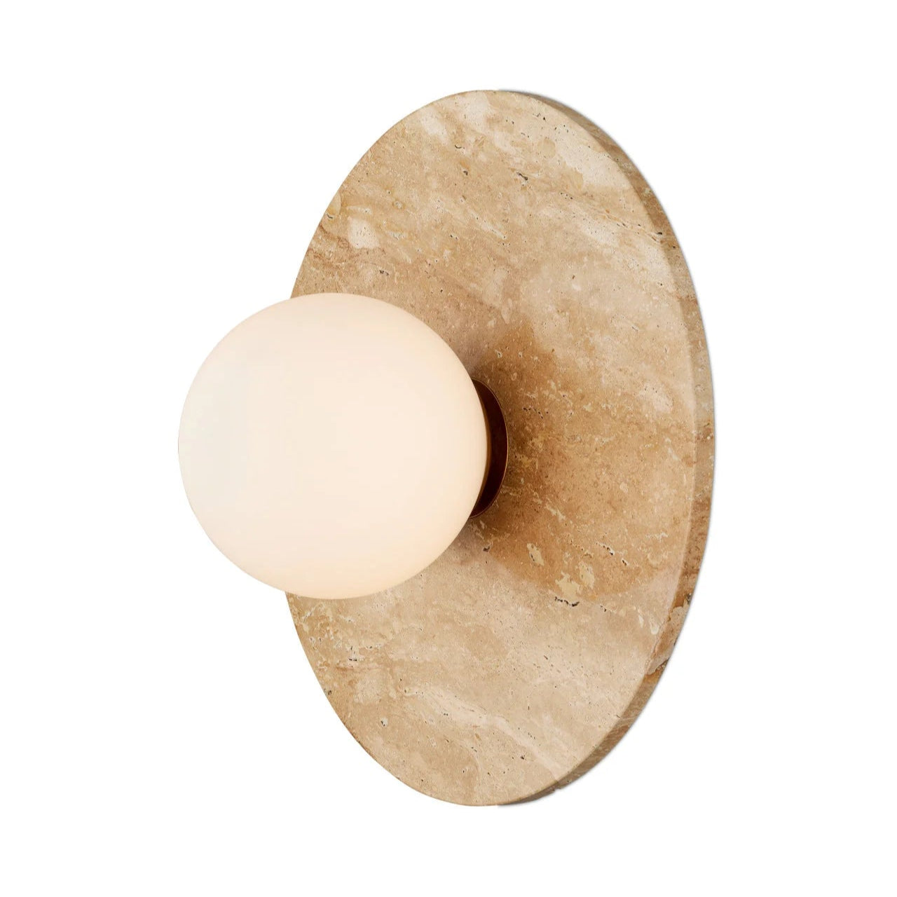 Beige wall sconce with a round light bulb on a white background