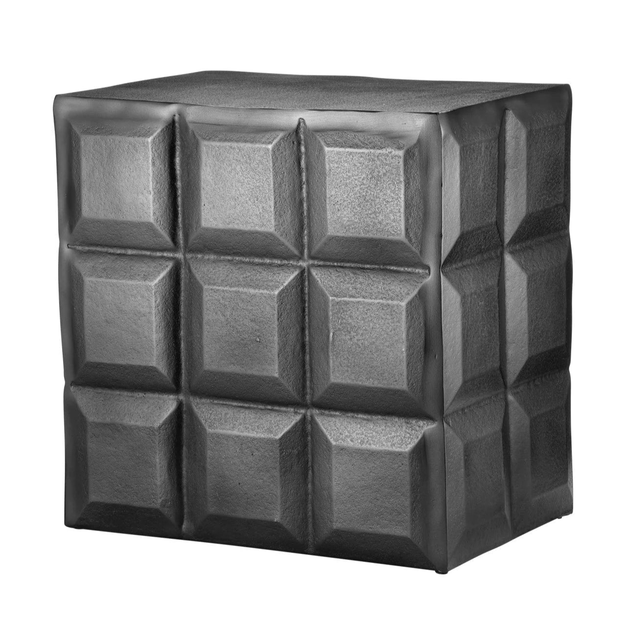 Black cube-shaped container with geometric pattern on a white background