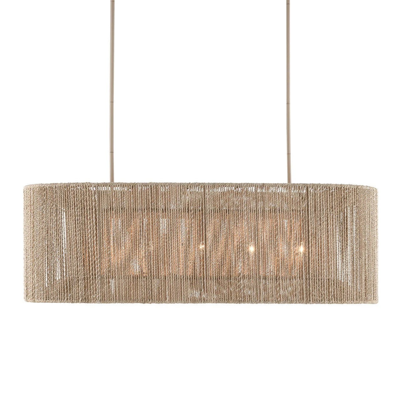Rectangular pendant light with woven design on a white background