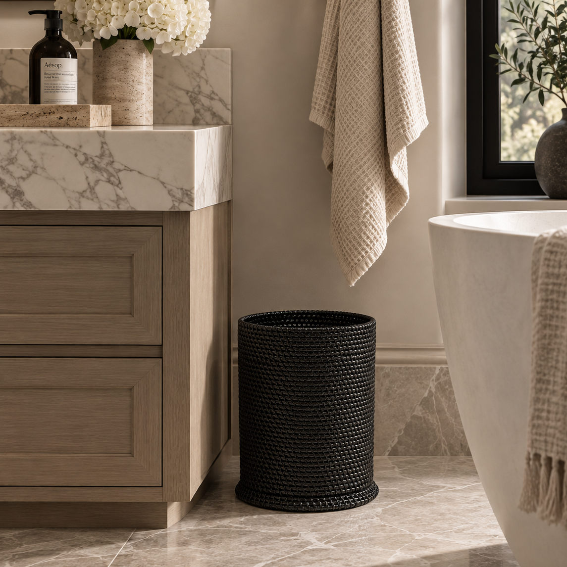 A black woven cylindrical wastebasket bin placed on a marble-tiled bathroom floor next to a vanity and bathtub.