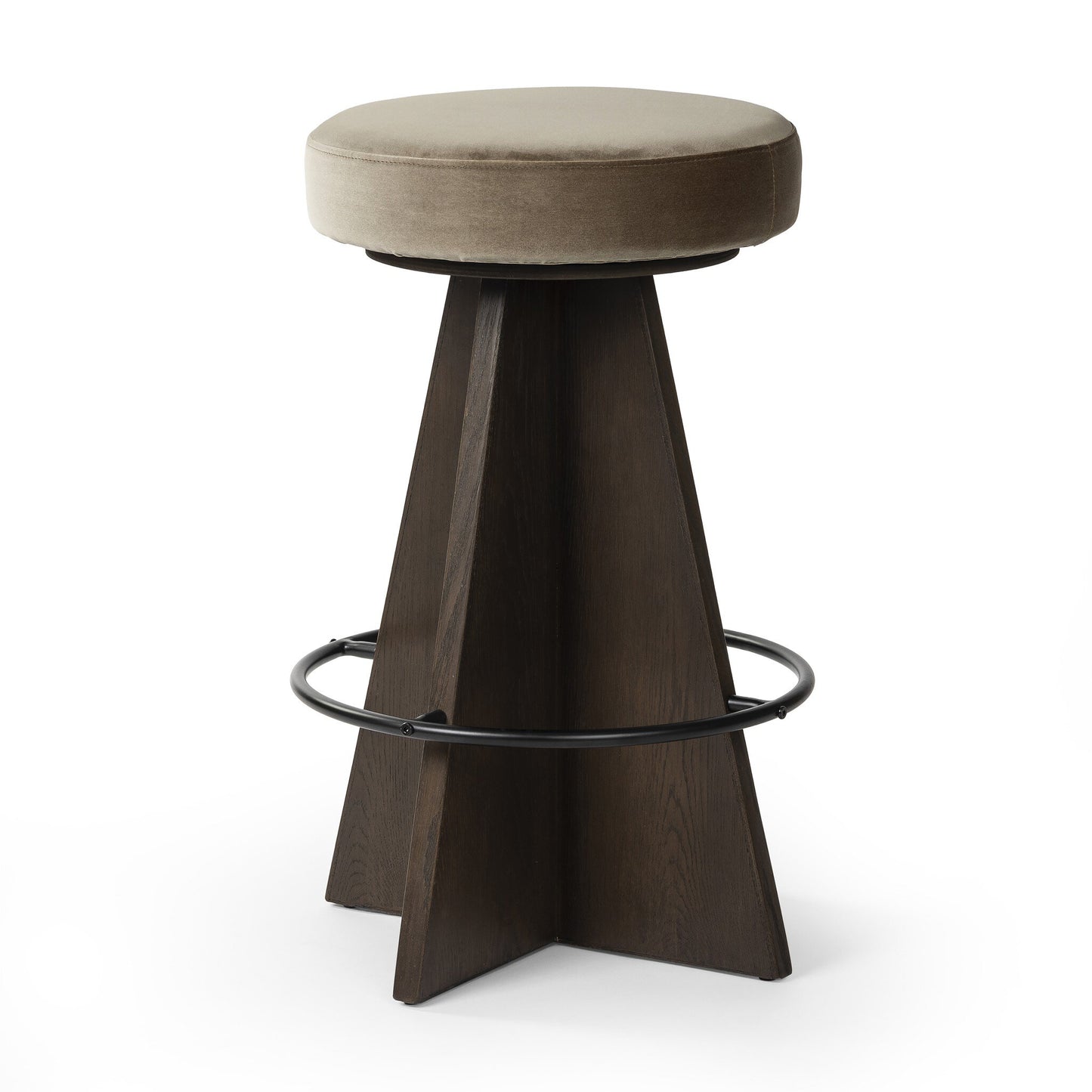 Bar stool with a brown cushioned seat and wooden base on a white background