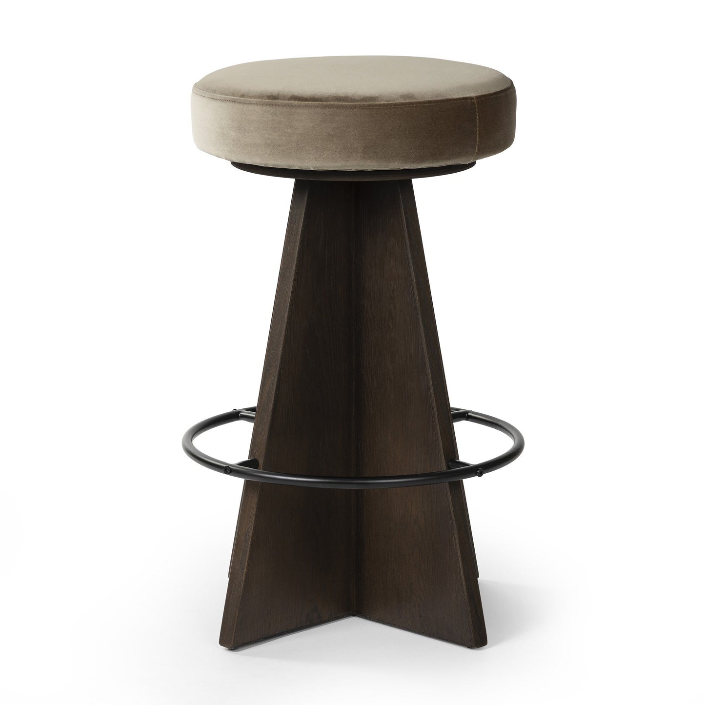 Bar stool with a round cushioned seat and metallic base on a white background