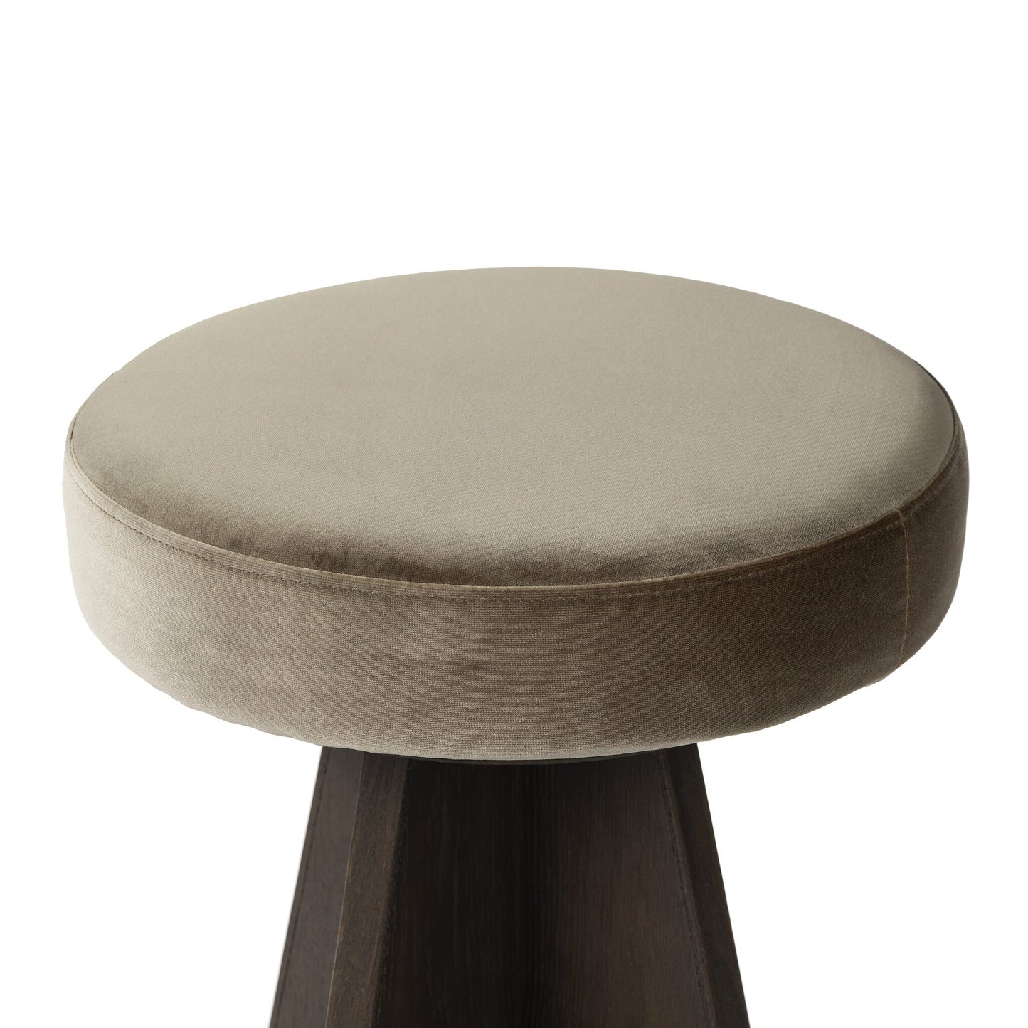 Round stool with a beige cushioned seat on a white background