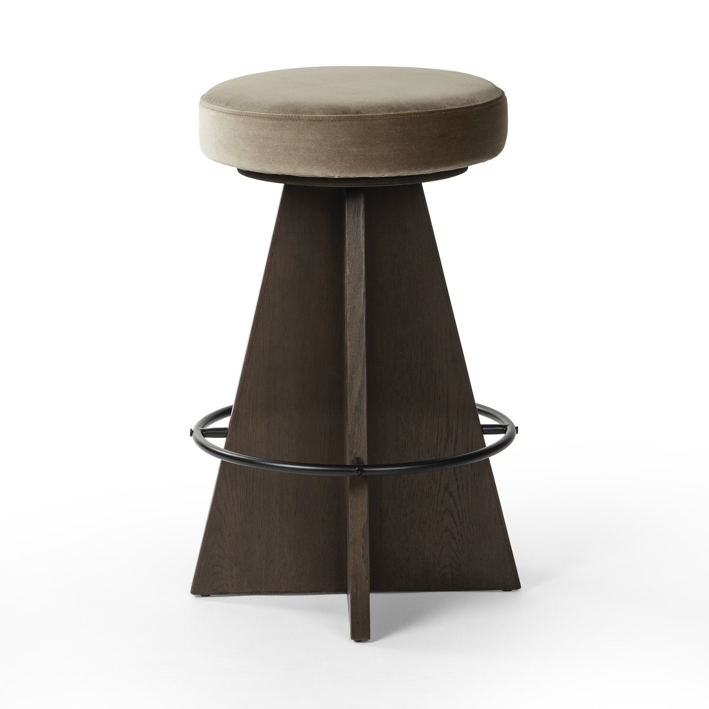 Bar stool with brown cushioned seat and wooden base on a white background