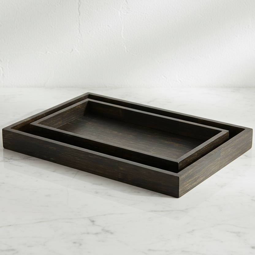Dark wooden tray on a light marble surface