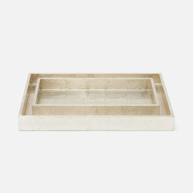 Rectangular stone tray with a beige and white color scheme on a light gray background